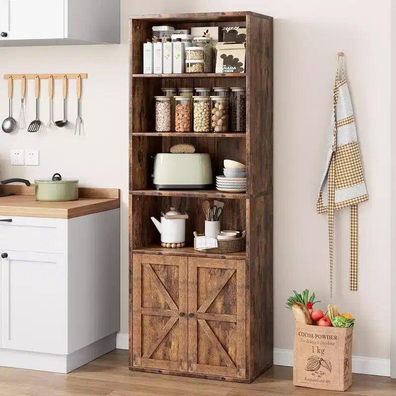 Libreria a 6 Ripiani con Ante Alta 181 cm – Stile Industriale Rustico, Nero / Marrone / Rovere Scuro / Grigio / Bianco, per 1