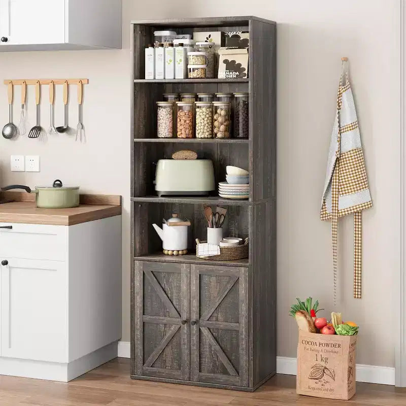 Libreria a 6 Ripiani con Ante Alta 181 cm – Stile Industriale Rustico, Nero / Marrone / Rovere Scuro / Grigio / Bianco, per 1
