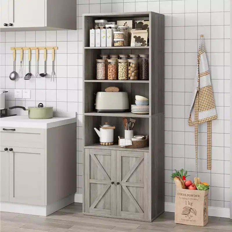 Libreria a 6 Ripiani con Ante Alta 181 cm – Stile Industriale Rustico, Nero / Marrone / Rovere Scuro / Grigio / Bianco, per 1