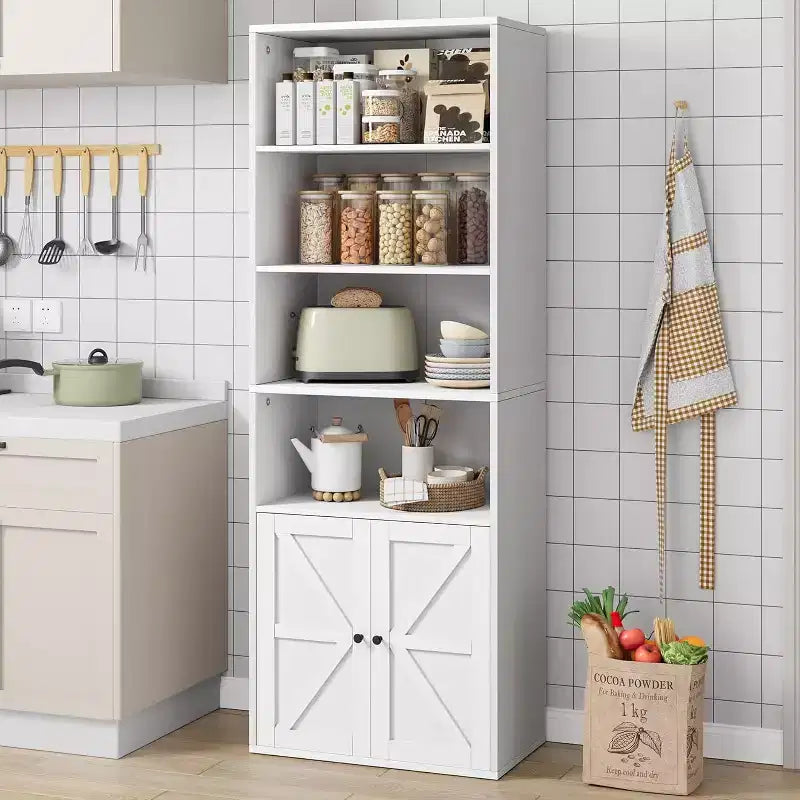 Libreria a 6 Ripiani con Ante Alta 181 cm – Stile Industriale Rustico, Nero / Marrone / Rovere Scuro / Grigio / Bianco, per 1