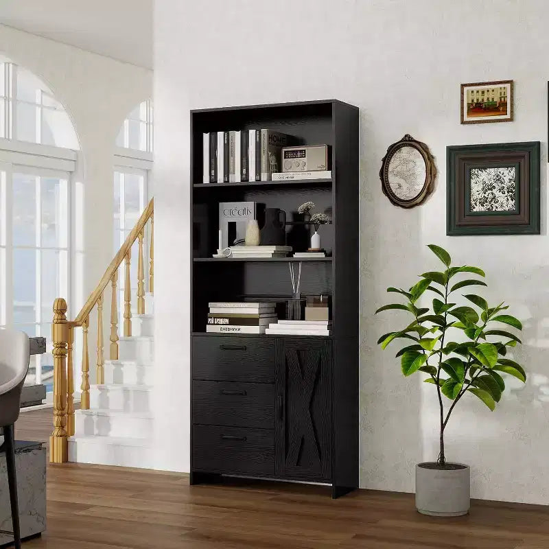 6-Tier Bookshelf with Door and 3 Drawers, 71 H Tall Bookcase with 3-Tier Open Shelves, Wooden Book Shelf w/Storage Cabinet for Home Office