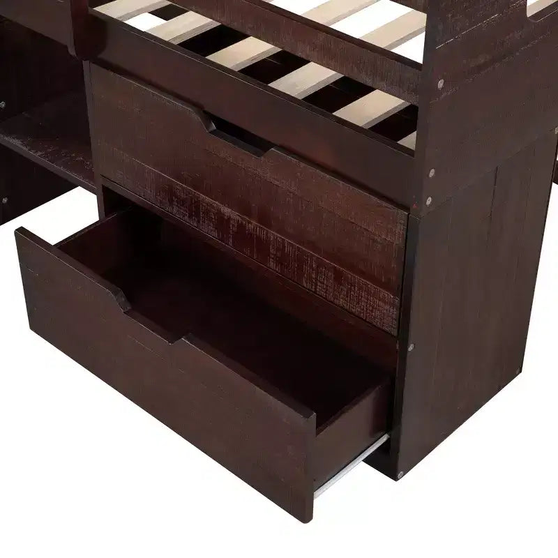Letto a soppalco basso per ragazzi con 2 ripiani e 2 cassetti, colore espresso antico/grigio/bianco
