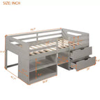 Letto a soppalco basso per ragazzi con 2 ripiani e 2 cassetti, colore espresso antico/grigio/bianco