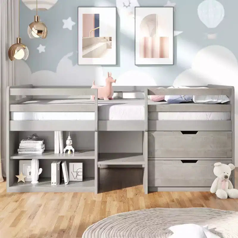 Letto a soppalco basso per ragazzi con 2 ripiani e 2 cassetti, colore espresso antico/grigio/bianco