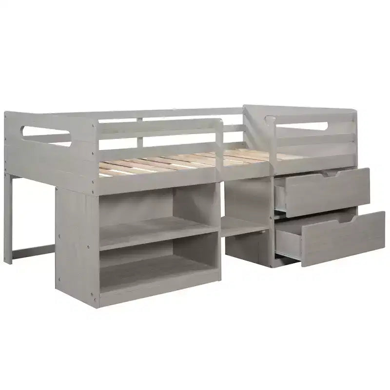 Letto a soppalco basso per ragazzi con 2 ripiani e 2 cassetti, colore espresso antico/grigio/bianco