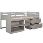 Letto a soppalco basso per ragazzi con 2 ripiani e 2 cassetti, colore espresso antico/grigio/bianco