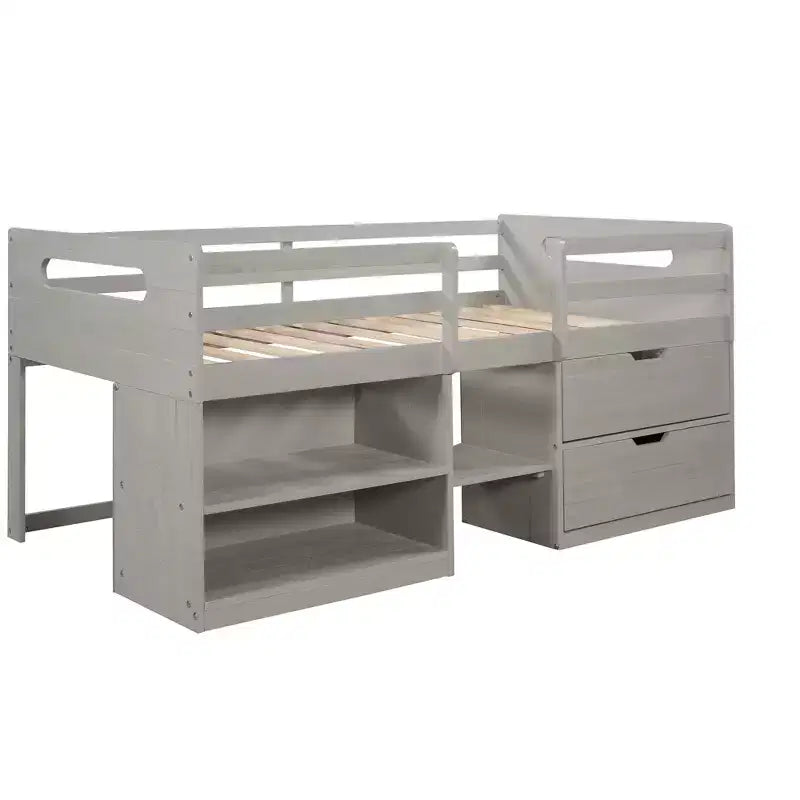 Letto a soppalco basso per ragazzi con 2 ripiani e 2 cassetti, colore espresso antico/grigio/bianco