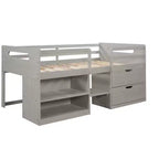 Letto a soppalco basso per ragazzi con 2 ripiani e 2 cassetti, colore espresso antico/grigio/bianco
