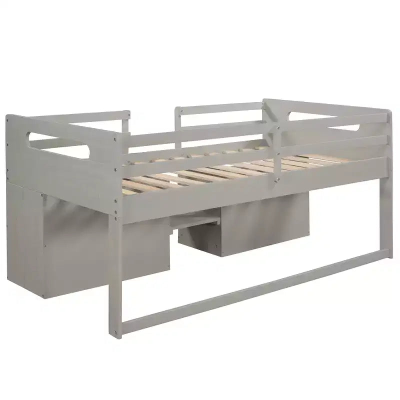 Letto a soppalco basso per ragazzi con 2 ripiani e 2 cassetti, colore espresso antico/grigio/bianco