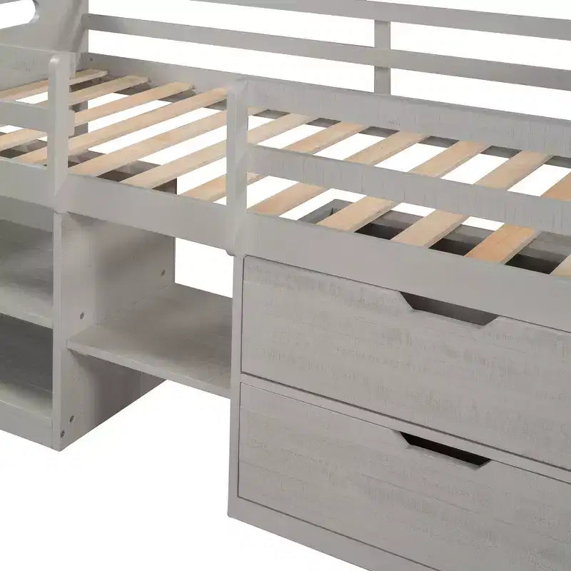 Letto a soppalco basso per ragazzi con 2 ripiani e 2 cassetti, colore espresso antico/grigio/bianco