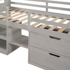 Letto a soppalco basso per ragazzi con 2 ripiani e 2 cassetti, colore espresso antico/grigio/bianco
