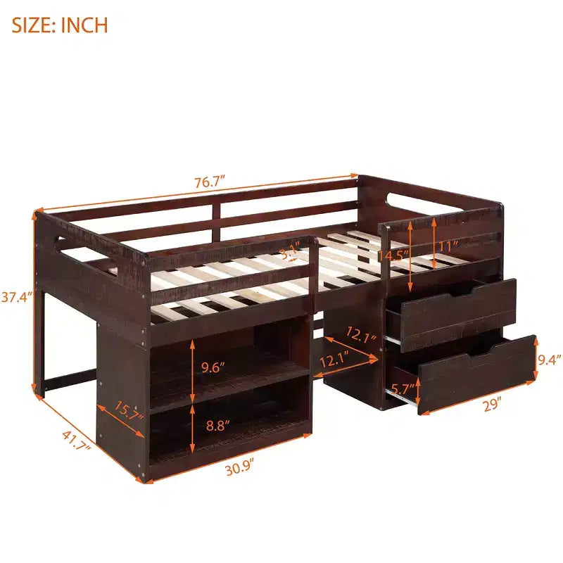Letto a soppalco basso per ragazzi con 2 ripiani e 2 cassetti, colore espresso antico/grigio/bianco