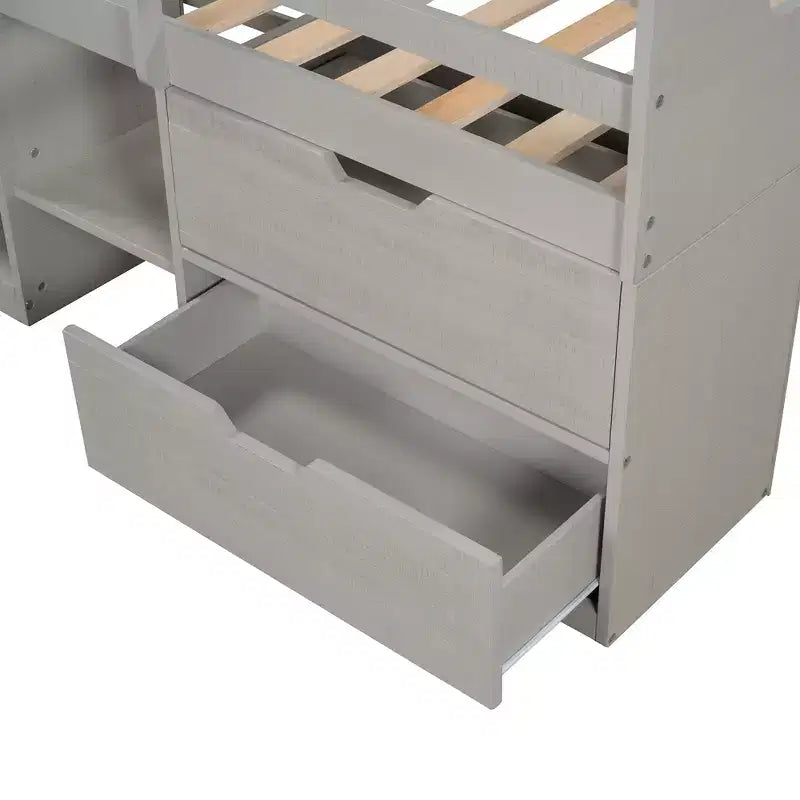 Letto a soppalco basso per ragazzi con 2 ripiani e 2 cassetti, colore espresso antico/grigio/bianco