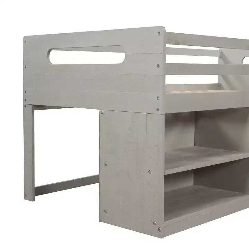 Letto a soppalco basso per ragazzi con 2 ripiani e 2 cassetti, colore espresso antico/grigio/bianco