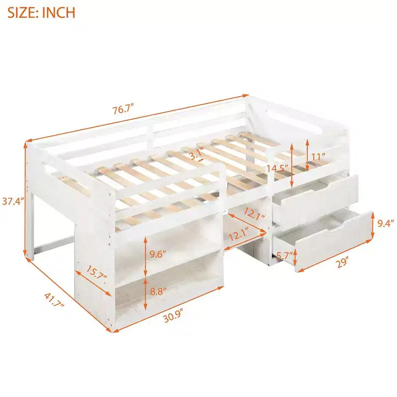 Letto a soppalco basso per ragazzi con 2 ripiani e 2 cassetti, colore espresso antico/grigio/bianco