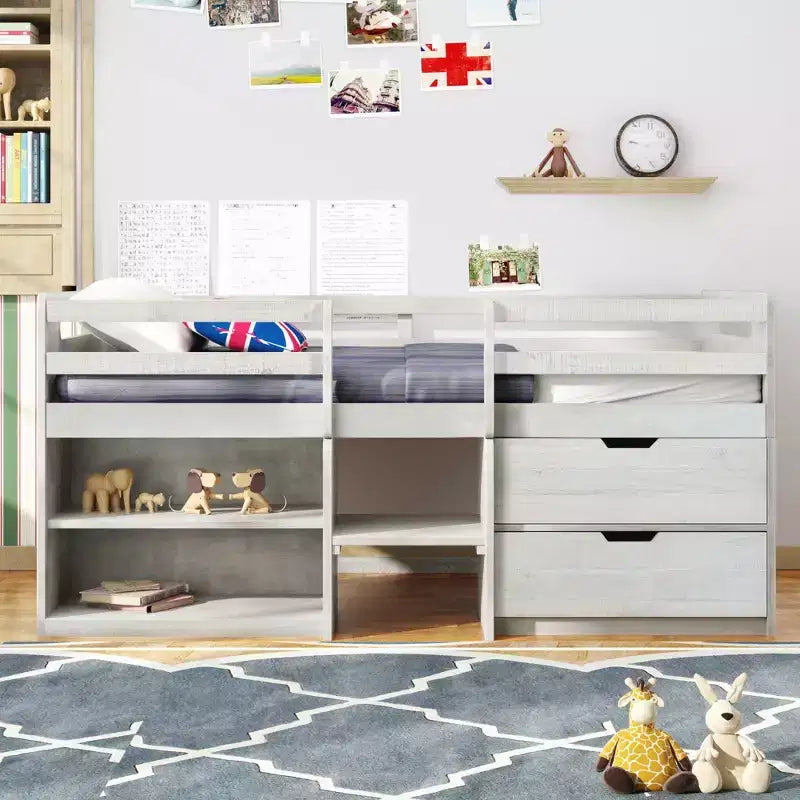 Letto a soppalco basso per ragazzi con 2 ripiani e 2 cassetti, colore espresso antico/grigio/bianco