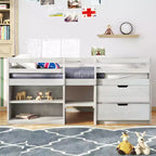 Letto a soppalco basso per ragazzi con 2 ripiani e 2 cassetti, colore espresso antico/grigio/bianco