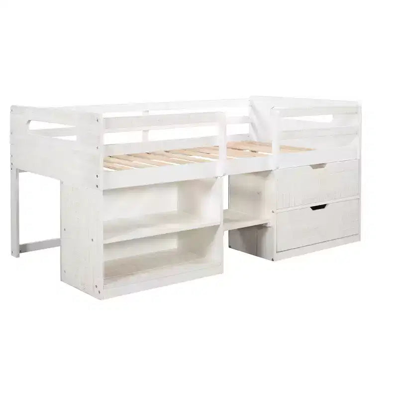 Letto a soppalco basso per ragazzi con 2 ripiani e 2 cassetti, colore espresso antico/grigio/bianco