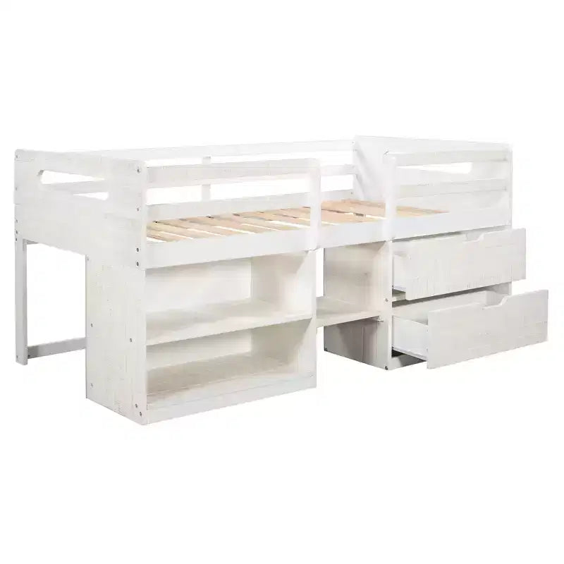 Letto a soppalco basso per ragazzi con 2 ripiani e 2 cassetti, colore espresso antico/grigio/bianco