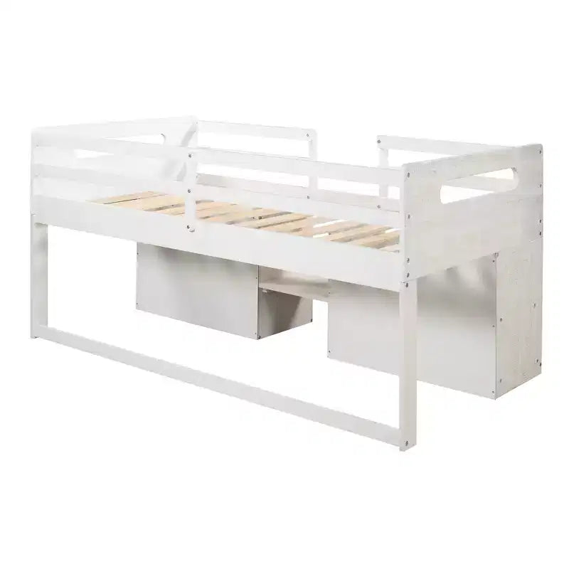 Letto a soppalco basso per ragazzi con 2 ripiani e 2 cassetti, colore espresso antico/grigio/bianco