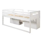 Letto a soppalco basso per ragazzi con 2 ripiani e 2 cassetti, colore espresso antico/grigio/bianco