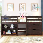 Letto a soppalco basso per ragazzi con 2 ripiani e 2 cassetti, colore espresso antico/grigio/bianco