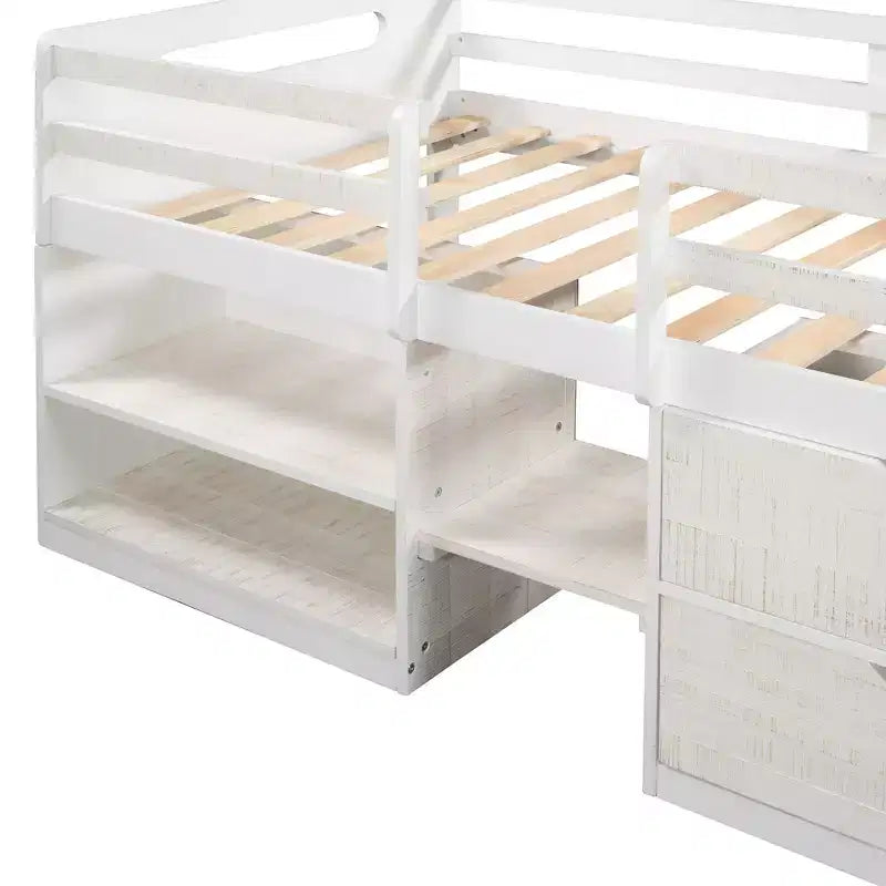Letto a soppalco basso per ragazzi con 2 ripiani e 2 cassetti, colore espresso antico/grigio/bianco