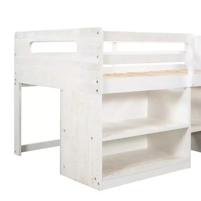 Letto a soppalco basso per ragazzi con 2 ripiani e 2 cassetti, colore espresso antico/grigio/bianco