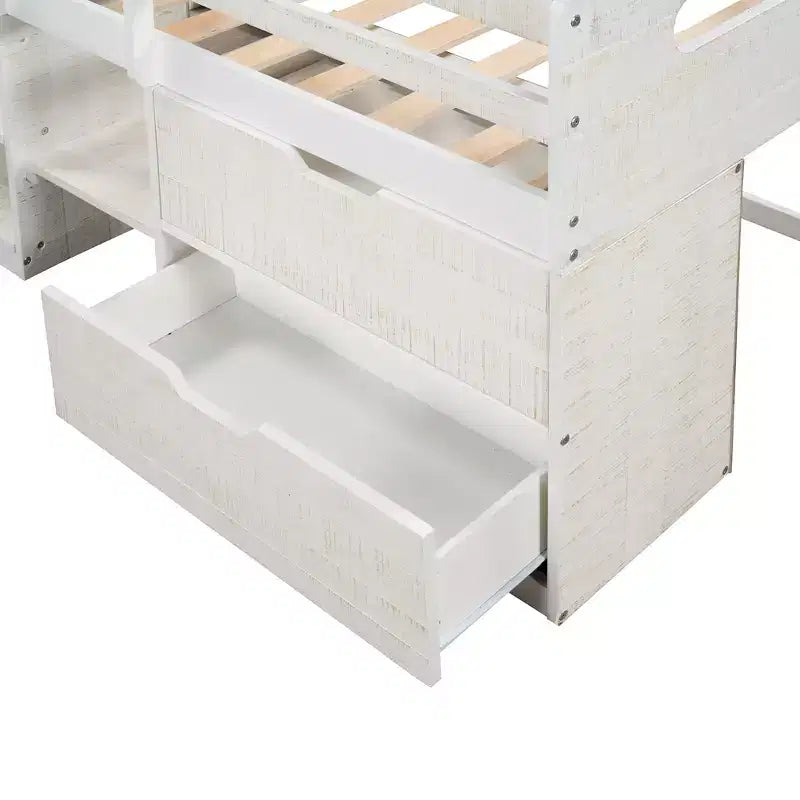 Letto a soppalco basso per ragazzi con 2 ripiani e 2 cassetti, colore espresso antico/grigio/bianco