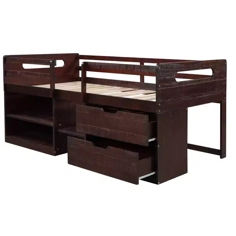 Letto a soppalco basso per ragazzi con 2 ripiani e 2 cassetti, colore espresso antico/grigio/bianco