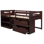 Letto a soppalco basso per ragazzi con 2 ripiani e 2 cassetti, colore espresso antico/grigio/bianco