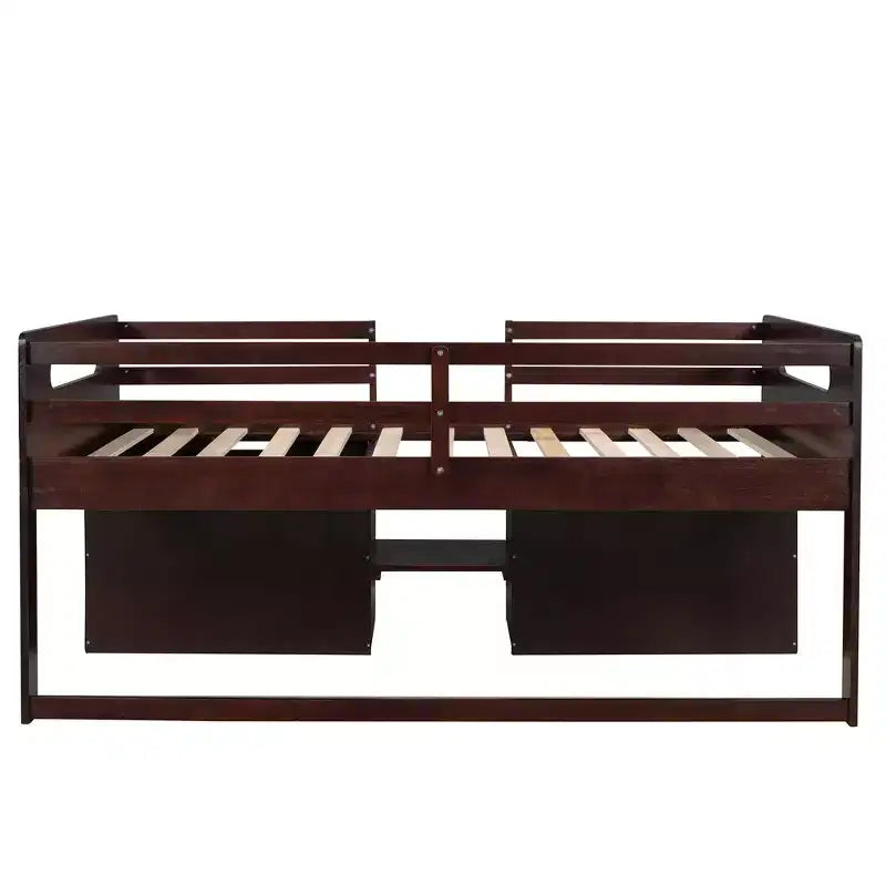 Letto a soppalco basso per ragazzi con 2 ripiani e 2 cassetti, colore espresso antico/grigio/bianco