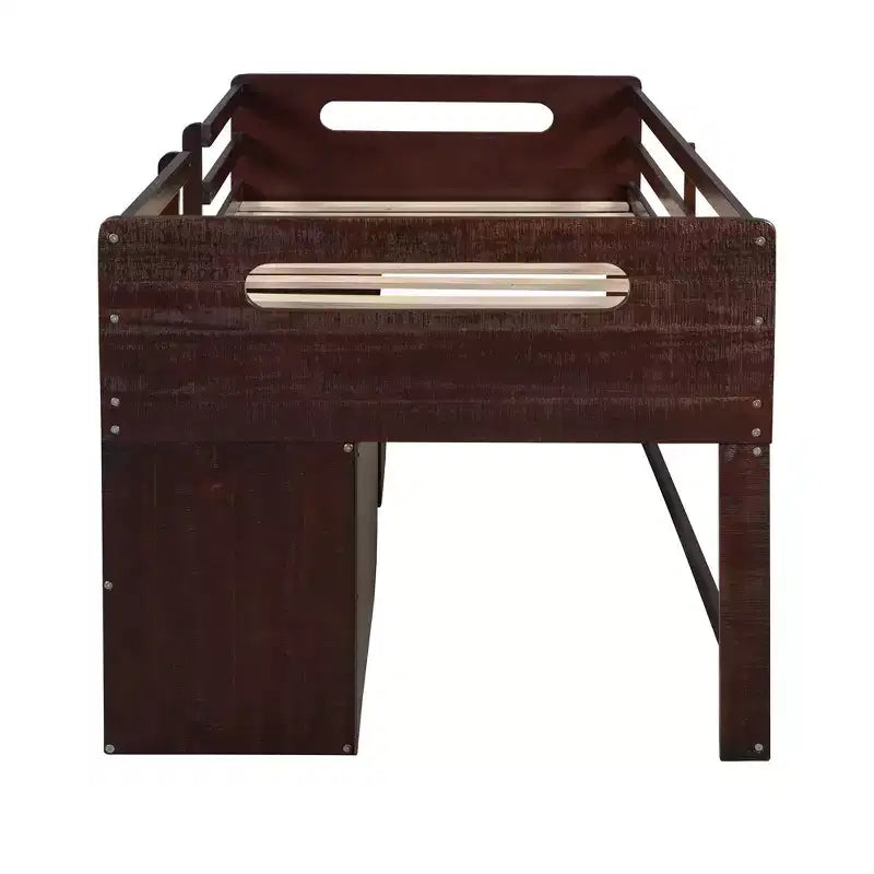 Letto a soppalco basso per ragazzi con 2 ripiani e 2 cassetti, colore espresso antico/grigio/bianco