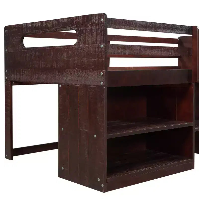 Letto a soppalco basso per ragazzi con 2 ripiani e 2 cassetti, colore espresso antico/grigio/bianco