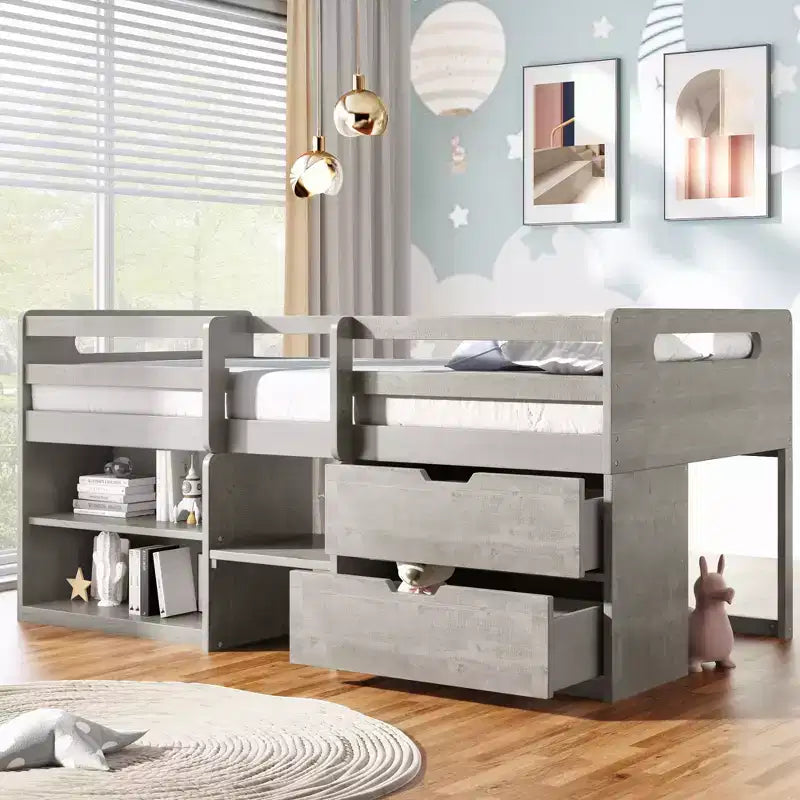 Letto a soppalco basso per ragazzi con 2 ripiani e 2 cassetti, colore espresso antico/grigio/bianco
