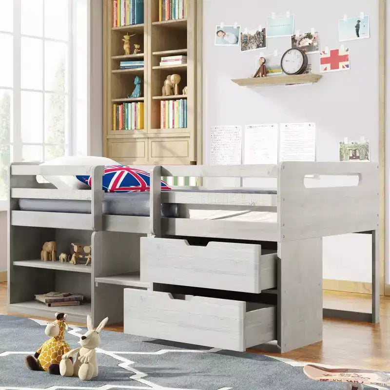 Letto a soppalco basso per ragazzi con 2 ripiani e 2 cassetti, colore espresso antico/grigio/bianco