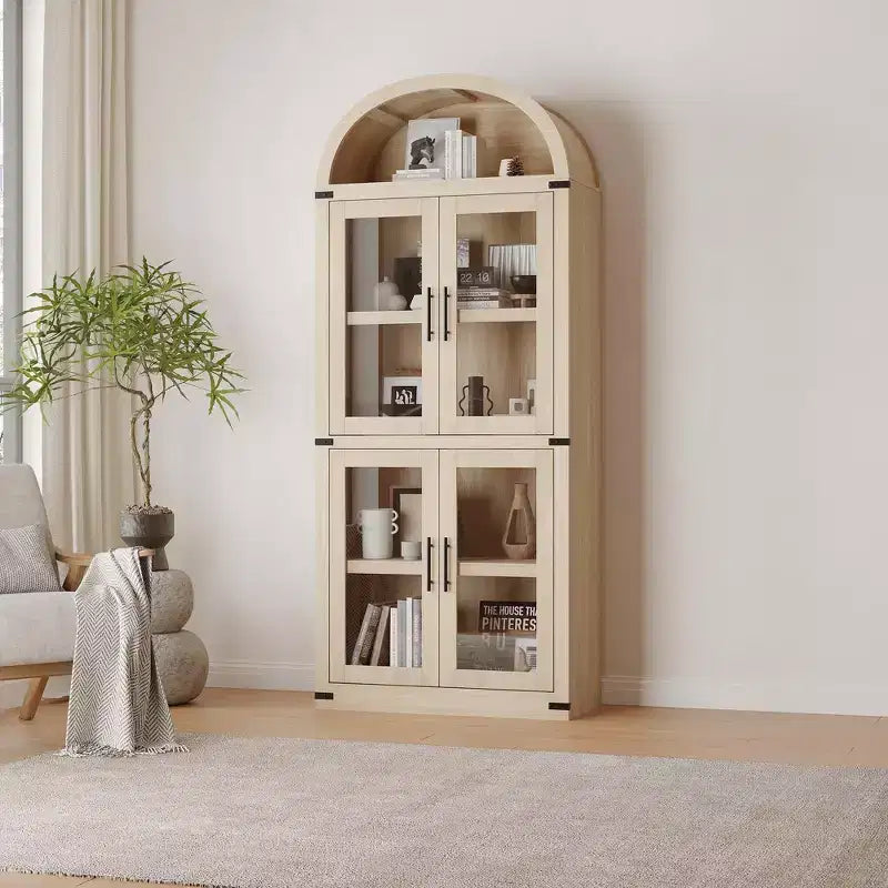 Armadio portaoggetti ad arco da 71", nero/marrone/bianco, anta in vetro o legno, libreria autoportante a 5 ripiani per 1