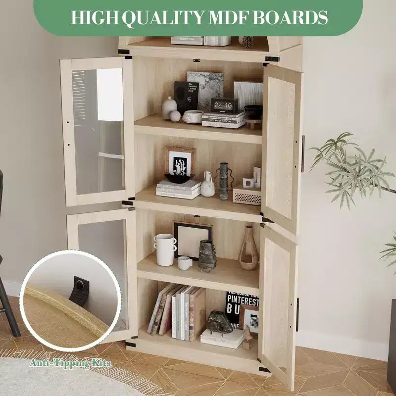 Armadio portaoggetti ad arco da 71", nero/marrone/bianco, anta in vetro o legno, libreria autoportante a 5 ripiani per 1