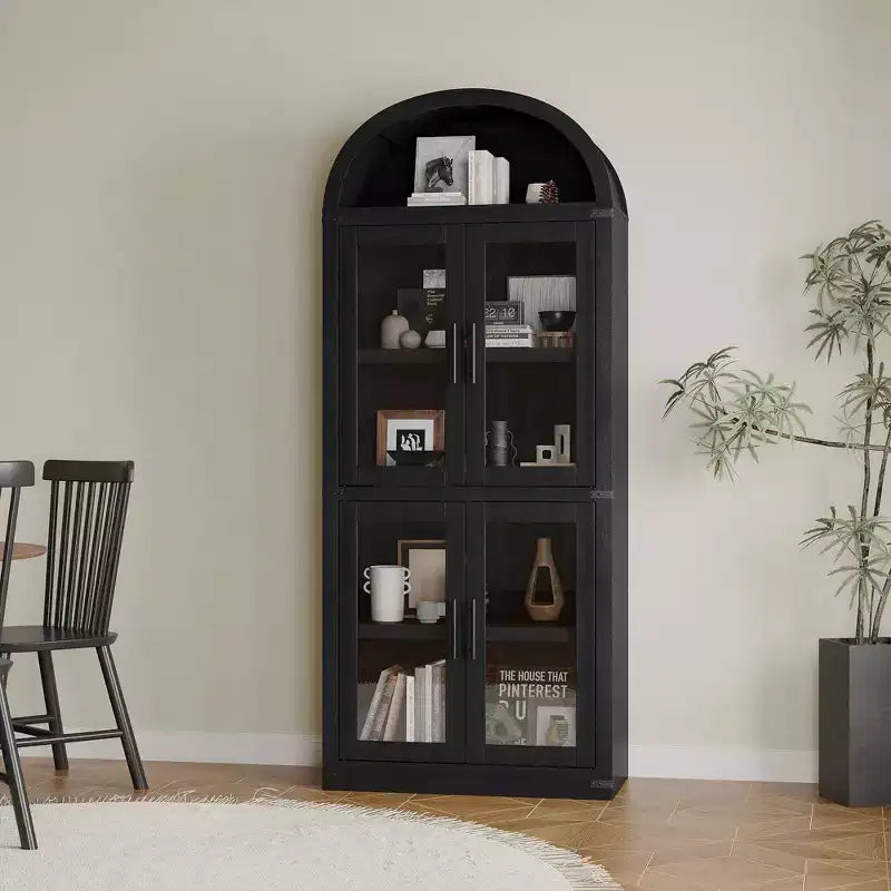 Armadio portaoggetti ad arco da 71", nero/marrone/bianco, anta in vetro o legno, libreria autoportante a 5 ripiani per 1