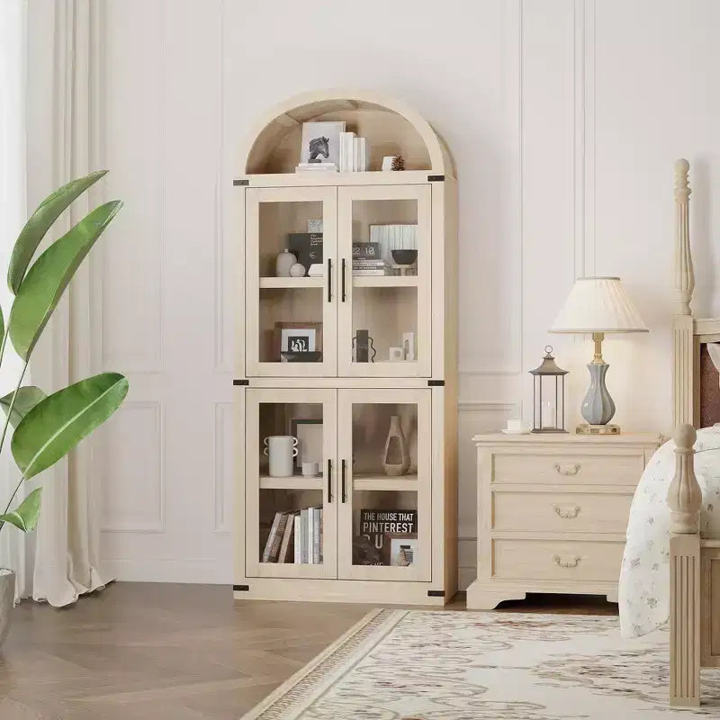 Armadio portaoggetti ad arco da 71", nero/marrone/bianco, anta in vetro o legno, libreria autoportante a 5 ripiani per 1