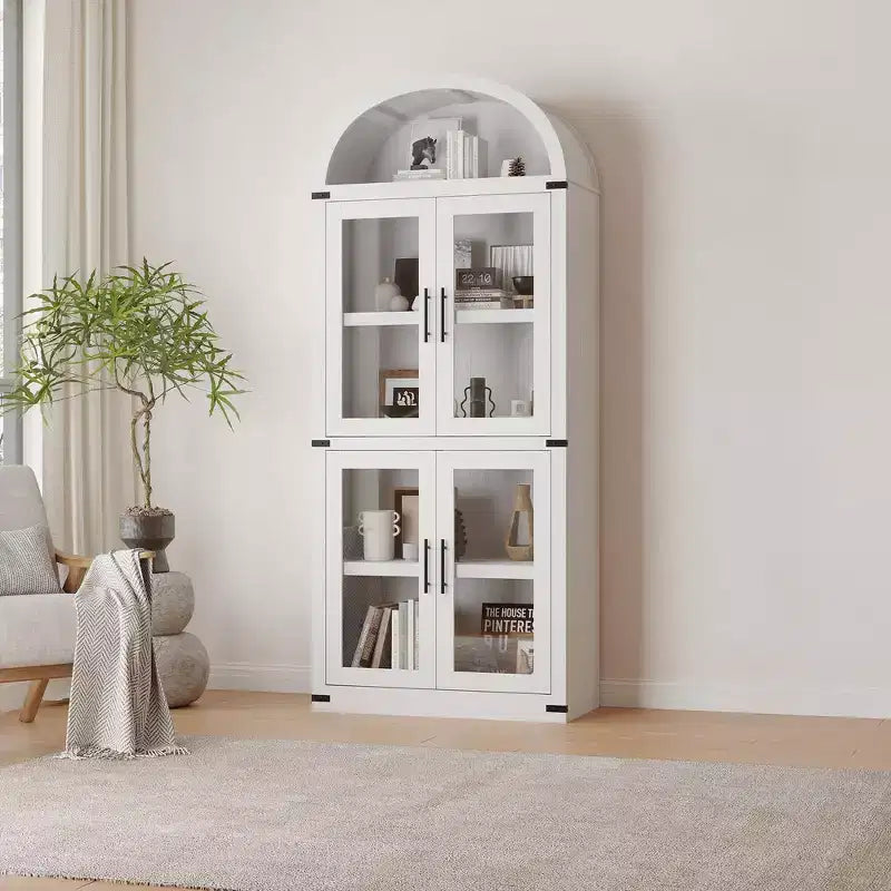 Armadio portaoggetti ad arco da 71", nero/marrone/bianco, anta in vetro o legno, libreria autoportante a 5 ripiani per 1