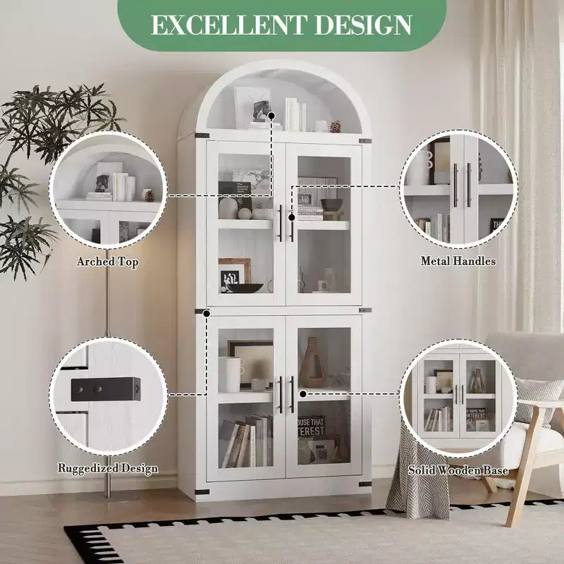 Armadio portaoggetti ad arco da 71", nero/marrone/bianco, anta in vetro o legno, libreria autoportante a 5 ripiani per 1