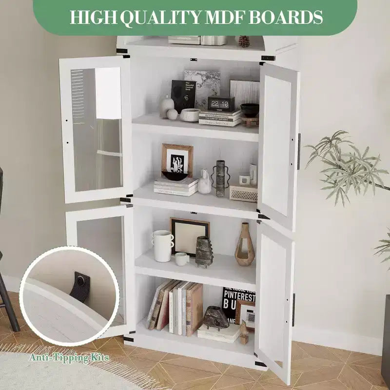 Armadio portaoggetti ad arco da 71", nero/marrone/bianco, anta in vetro o legno, libreria autoportante a 5 ripiani per 1