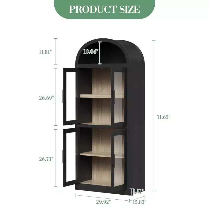 Armadio portaoggetti ad arco da 71", nero/marrone/bianco, anta in vetro o legno, libreria autoportante a 5 ripiani per 1