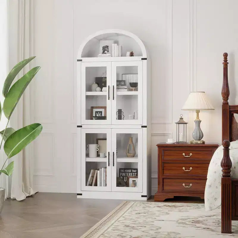 Armadio portaoggetti ad arco da 71", nero/marrone/bianco, anta in vetro o legno, libreria autoportante a 5 ripiani per 1