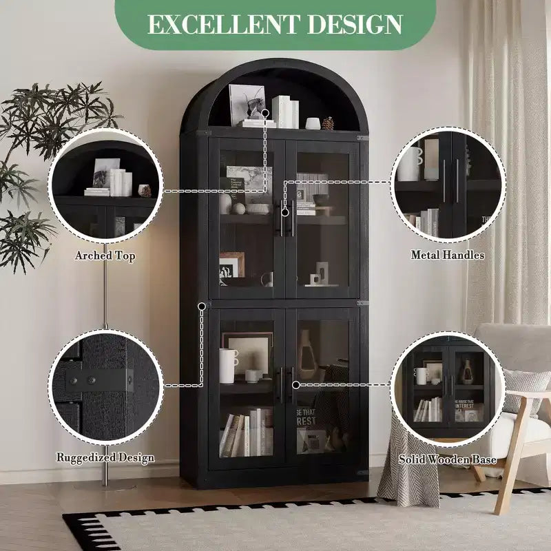 Armadio portaoggetti ad arco da 71", nero/marrone/bianco, anta in vetro o legno, libreria autoportante a 5 ripiani per 1