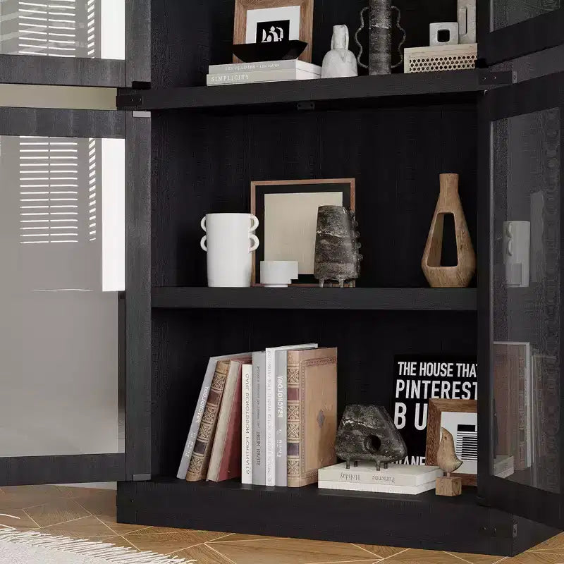 Armadio portaoggetti ad arco da 71", nero/marrone/bianco, anta in vetro o legno, libreria autoportante a 5 ripiani per 1