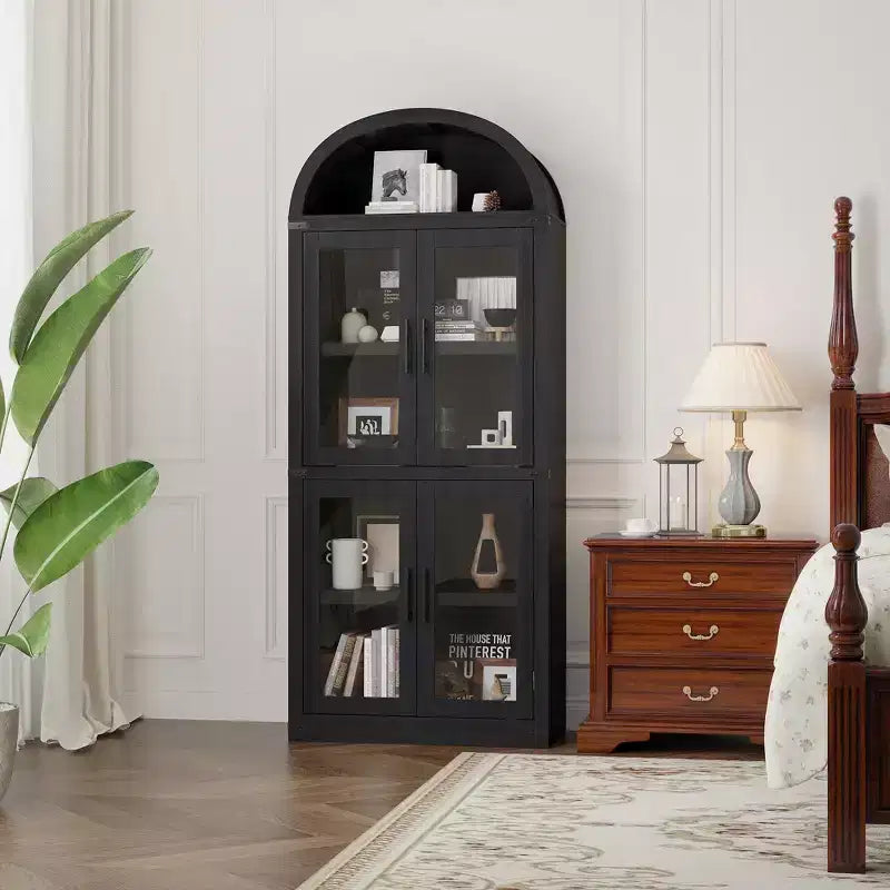 Armadio portaoggetti ad arco da 71", nero/marrone/bianco, anta in vetro o legno, libreria autoportante a 5 ripiani per 1