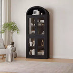 71 Tall Arched Kitchen Pantry Cabinet, Freestanding Cupboard Storage Cabinet, 5 Tier Wood Display Cabinet, Versatile Bookcase, Black Glass Door