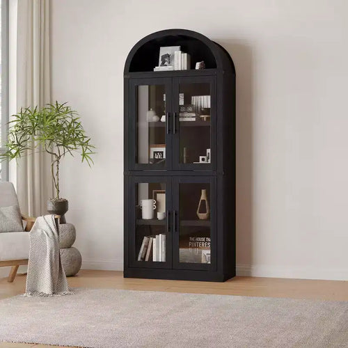 71 Tall Arched Kitchen Pantry Cabinet, Freestanding Cupboard Storage Cabinet, 5 Tier Wood Display Cabinet, Versatile Bookcase, Black Glass Door
